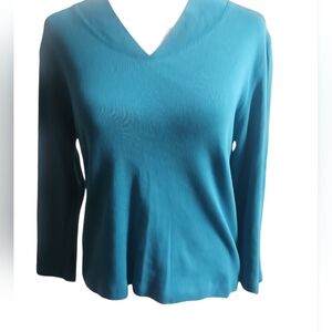 Vintage Rafaella Teal V-Neck 100% Cotton Long Sleeve Blouse Medium
